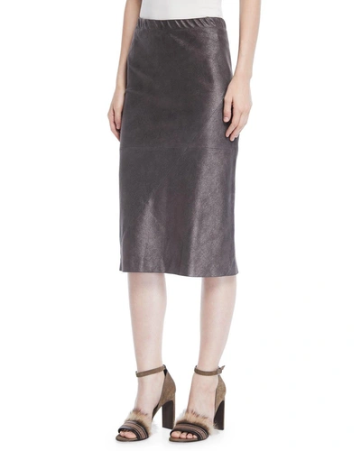 Brunello Cucinelli Pencil Skirt In Metallic Suede In Charcoal