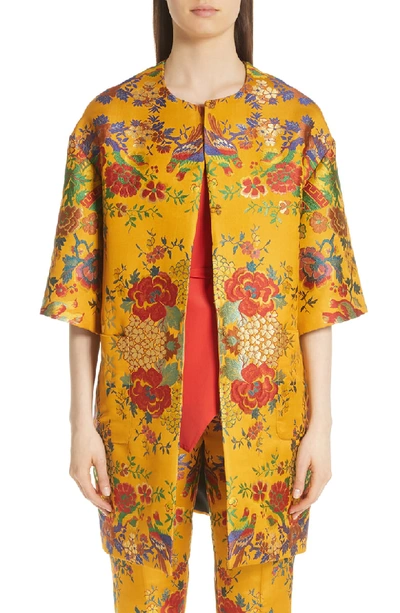 Etro Chinoiserie Floral-jacquard 3/4-sleeve Topper Jacket In Gold