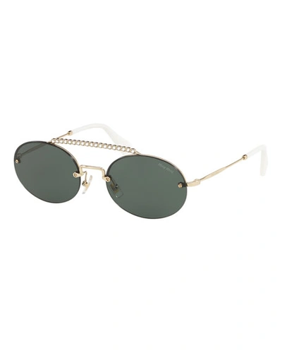 Miu Miu Semi-rimless Oval Sunglasses W/ Crystal Embellishment In Pale Gold