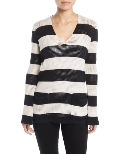 Minnie Rose Striped Mesh Cotton/linen Sweater In Black/doeskin