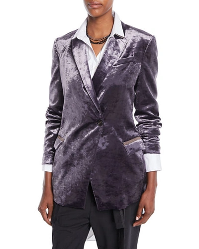 Brunello Cucinelli One-button Velvet Blazer W/ Monili Pockets In Purple