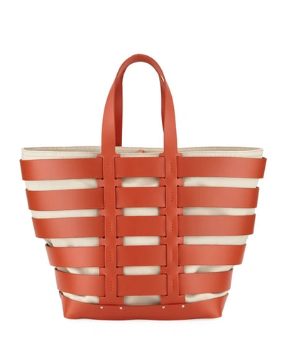 Paco Rabanne Cage East-west Sleek Leather & Canvas Tote Bag In Red