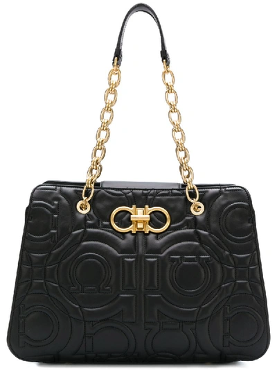 Ferragamo Large Gancini Quilted Leather Tote In Black