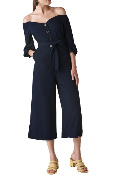 Whistles Carina Off The Shoulder Crop Jumpsuit In Navy