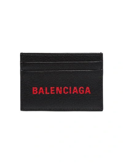Balenciaga Black And Red Logo Print Leather Cardholder