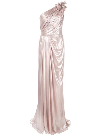 Marchesa 3-d Floral One-shoulder Draped Evening Gown W/ Front Slit In Rose Gold