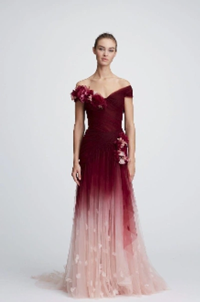 Marchesa 3-d Flower Embellishment Off-the-shoulder Ombre Tulle Evening Gown In Bordeaux