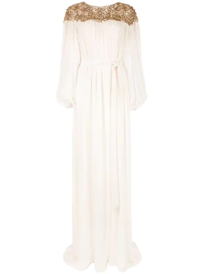 Marchesa Billowing Sleeve Georgette Caftan Gown In White