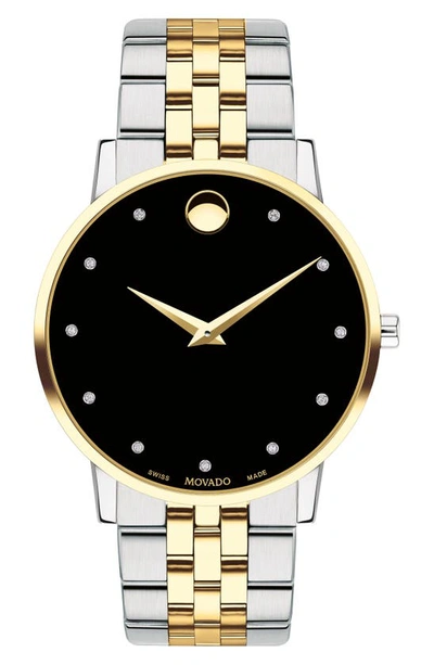 Movado Men's 40mm Ultra Slim Watch With 2-tone Bracelet & Black Museum Dial In Black/multi