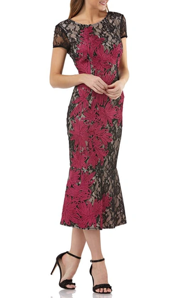 Js Collections Soutache Embroidered Lace Midi Dress In Black/ Magenta