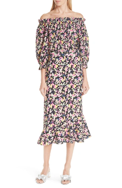 Saloni Grace Print Silk Off The Shoulder Dress In Hothouse Mirage