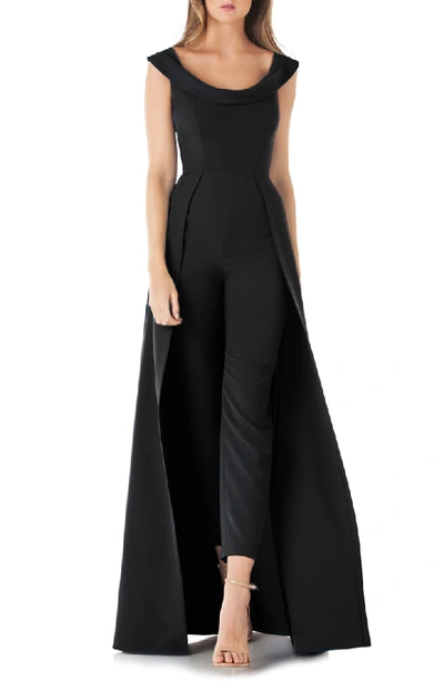 Kay Unger Scoop-neck Cap-sleeve Jumpsuit With Skirt Overlay In Black