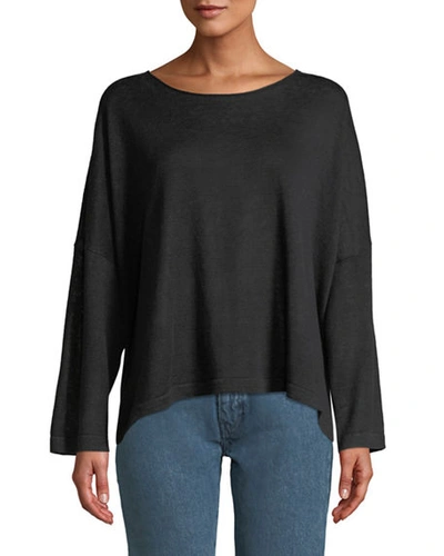 Eileen Fisher Plus Size Organic Linen Jewel-neck Box Top In Black