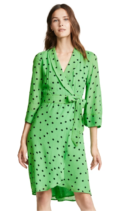 Ganni Dainty Polka Dot Crepe Wrap Dress In Classic Green | ModeSens