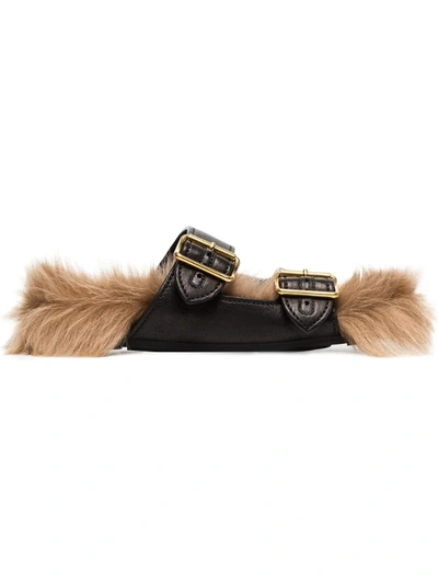 Prada Leather And Shearling Slides In Black