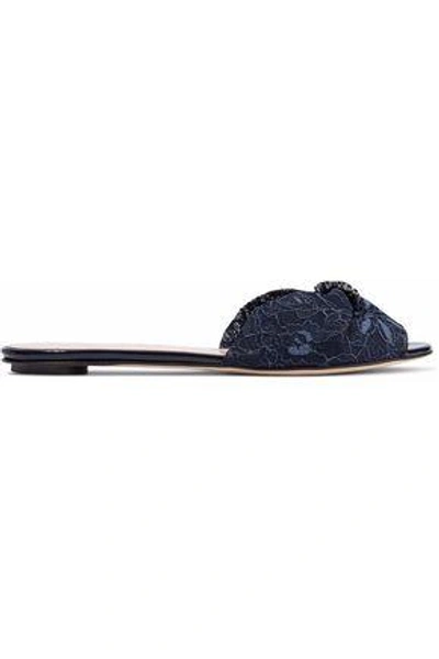 Oscar De La Renta Woman Mia Crystal-embellished Knotted Corded Lace Slides Navy