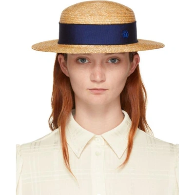 Maison Michel Tan Straw Rod Hat In Natural Blu