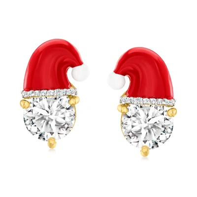 Ross-simons White Topaz And Red Enamel Santa Hat Earrings In 18kt Gold Over Sterling