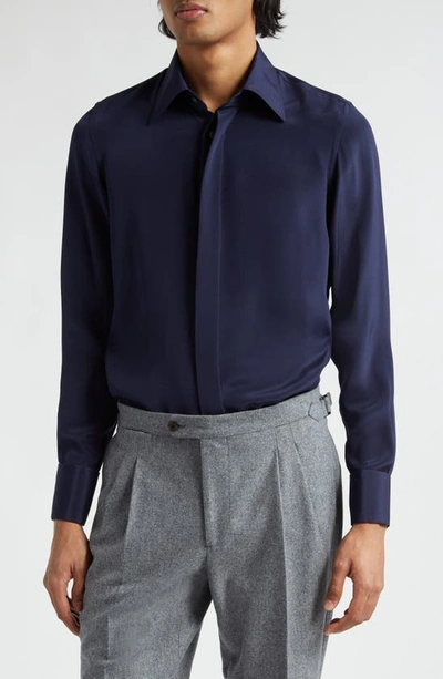 Thom Sweeney Lecce Silk Dress Shirt In Navy