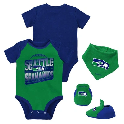 Mitchell & Ness Babies' Newborn & Infant  Green/royal Seattle Seahawks Throwback Big Score Bodysuit, Bib & Bo