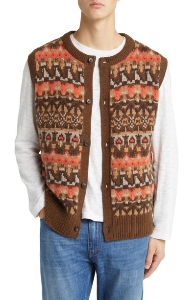 Closed Fair Isle Button Front Wool Jumper Waistcoat In Ember Red