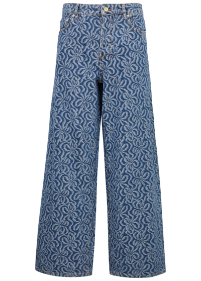 Ganni Wide-leg Jacquard Denim Trousers In Blue