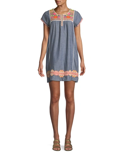 Letarte Embroidered Short-sleeve Tunic Dress Coverup In Blue