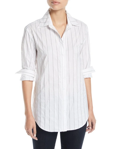 Finley Plus Size Monica Tech Pinstriped Boyfriend Shirt In White/black