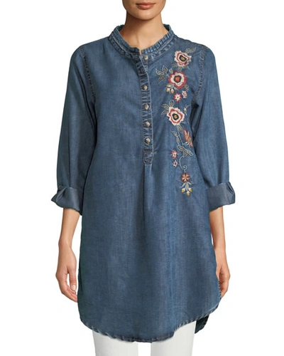 Tolani Plus Size Madison Chambray Tunic Shirt W/ Floral Embroidery In Denim