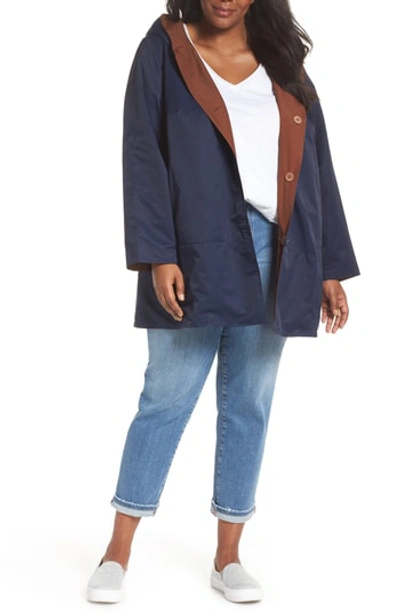 Eileen Fisher Petite Reversible Organic Cotton/nylon Hooded Raincoat In Midnight