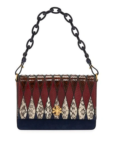 Tory Burch Kira Pieced Snakeskin, Leather & Suede Shoulder Bag In Navy  Multi/gold | ModeSens