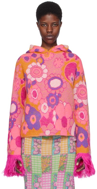 Erl Patterned-intarsia Extra-long Sleeve Hoodie In 1 Pink