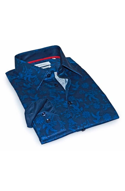 Levinas Contemporary Fit Modern Business Dress Shirt In Navy Nature Print