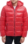 Guess Hooded Solid Puffer Jacket In Red