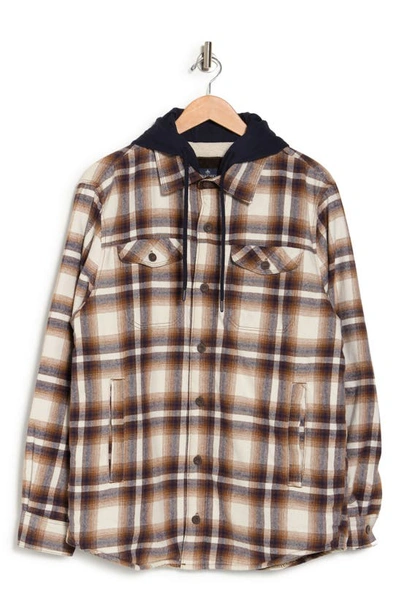 Rainforest Plaid Flannel Faux Shearling Lined Hooded Shirt Jacket In White/ Brown Plaid