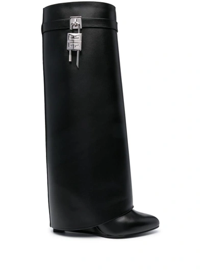 Givenchy Shark Lock Embellished Glossed-leather Knee Boots In Black