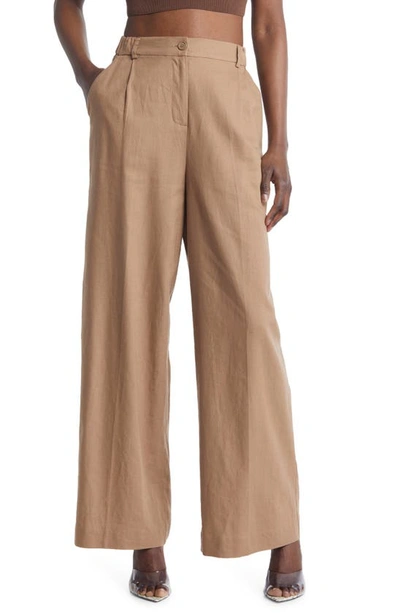 Open Edit Linen Blend Trousers In Brown Caribou