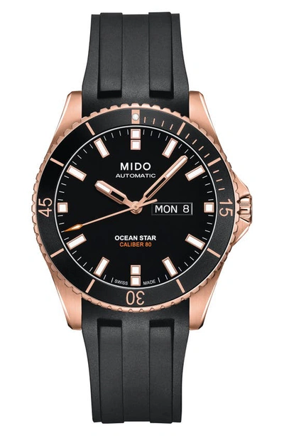 Mido Men's Swiss Automatic Ocean Star Captain V Black Rubber Strap Watch 42.5mm In Black/ Rose Gold
