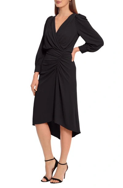 Maggy London Ruched Long Sleeve High-low Midi Dress In Black
