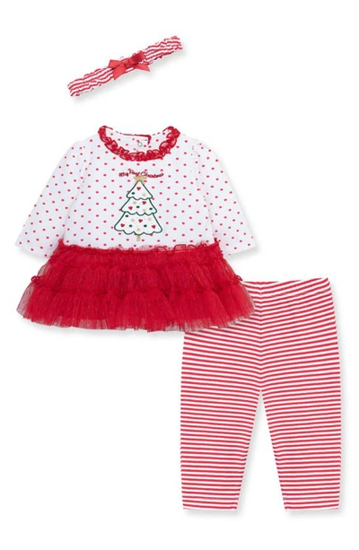 Little Me Baby Girls Sparkle Christmas Tree Dress, Leggings And Headband Set In Red