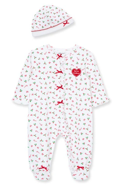 Little Me Baby Girls Candy Cane Footed Pajamas And Hat Set In White