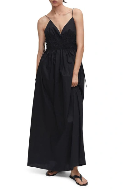 Mango Smocked Cotton Maxi Dress In Black