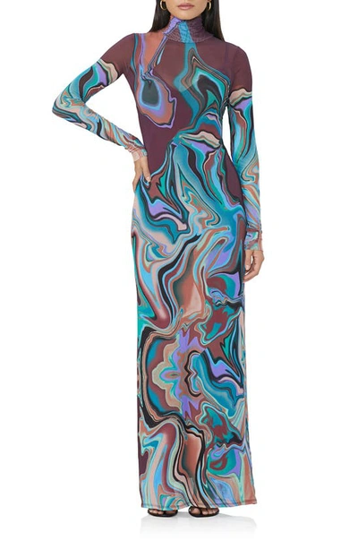 Afrm Billie Print Long Sleeve Semisheer Dress In Abstract Marble