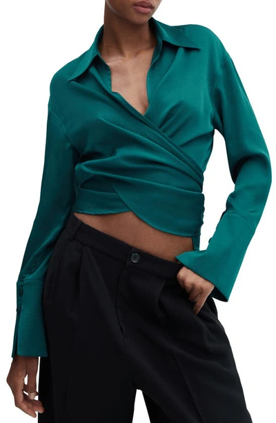 Mango Long Sleeve Wrap Top In Dark Green