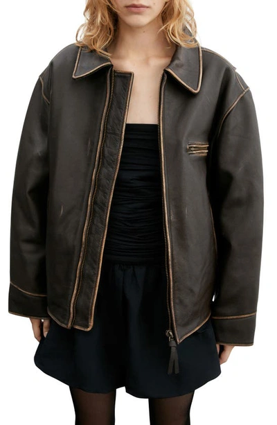 Mango Oversize Distressed Leather Jacket In Brown