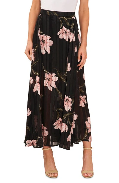Cece Floral Pleated Midi Skirt In Rich Black
