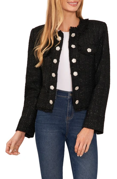 Cece Rhinestone Button Tweed Jacket In Rich Black