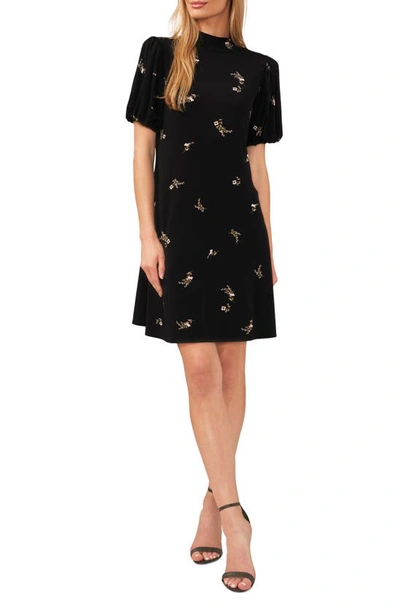 Cece Floral Puff Sleeve Shift Dress In Rich Black