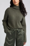 Open Edit Cotton Blend Rib Funnel Neck Sweater In Green City
