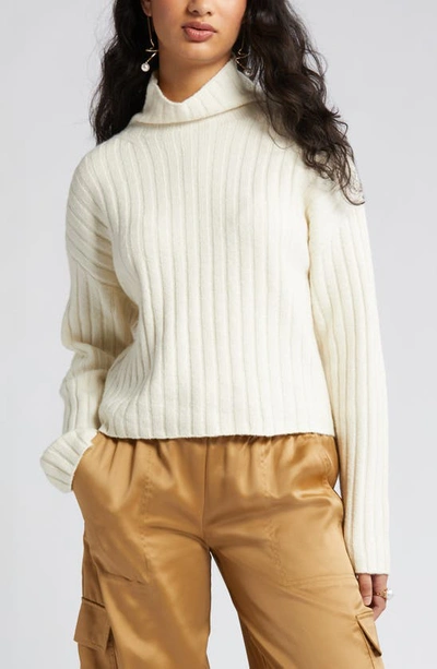 Open Edit Cotton Blend Rib Funnel Neck Sweater In Ivory Dove